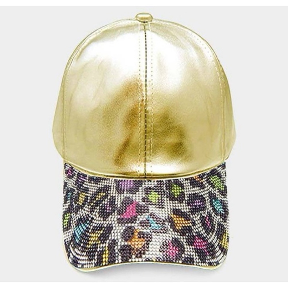 Gold baseball hat with rainbow leopard rhinestones